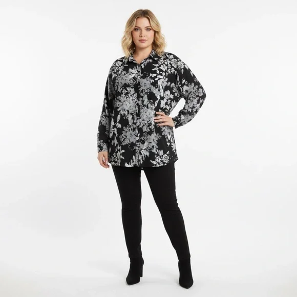 Floral Dark Romantic Button Up Black Gray Top Plus Size 3X Goth Whimsigoth Work - Picture 11 of 12